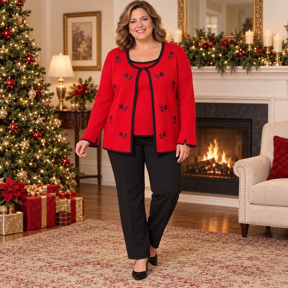 Dress Barn Woman Red Black Floral Embroidered Sweater Set Cardigan Shell 14/16